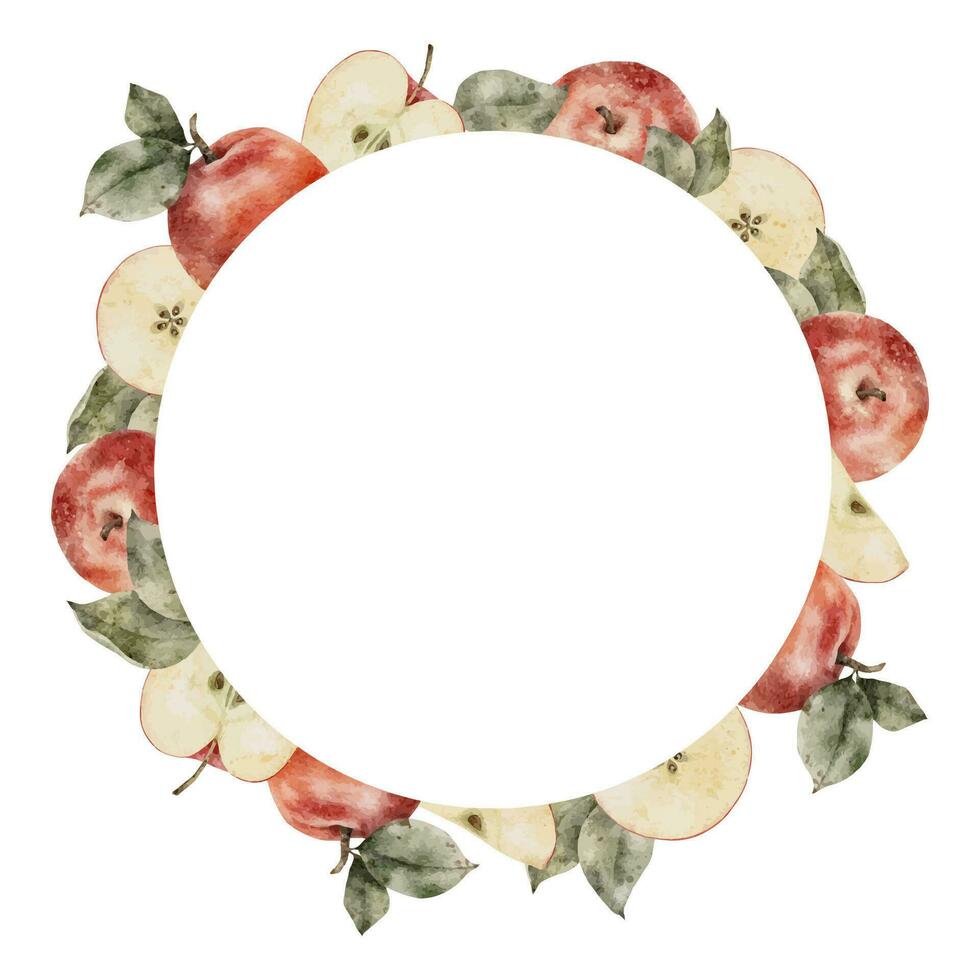 Watercolor Red Apples wreath. Hand drawn fruits illustration Frame Perfect for card, invitation, tags, printing vector