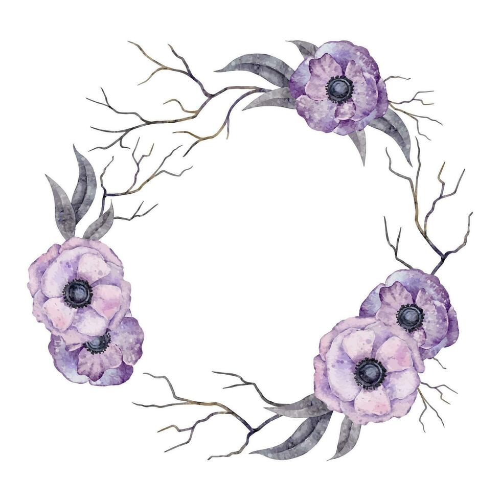 Watercolor Wreath Boho Anemone flowers, leaves, branches. Purple floral frame. Halloween elements. Witch Illustration vector For card, invitation and more