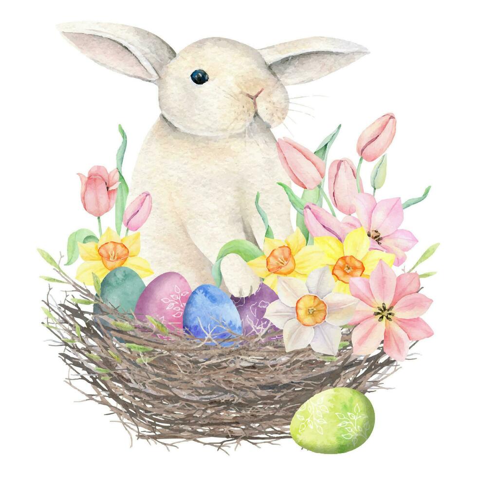 Easter bunny with Floral bouquet, colorful eggs in nest. Watercolor pink tulip, yellow and white daffodles bouquet. Hand drawn spring illustration. Decorative design elements. vector