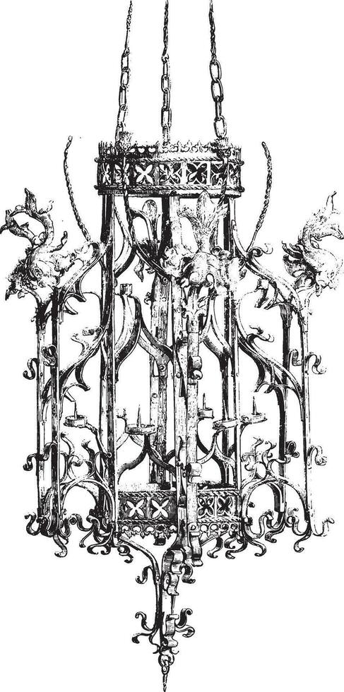 National Museum of Munich, Iron chandelier of the fifteenth century, vintage engraving. vector