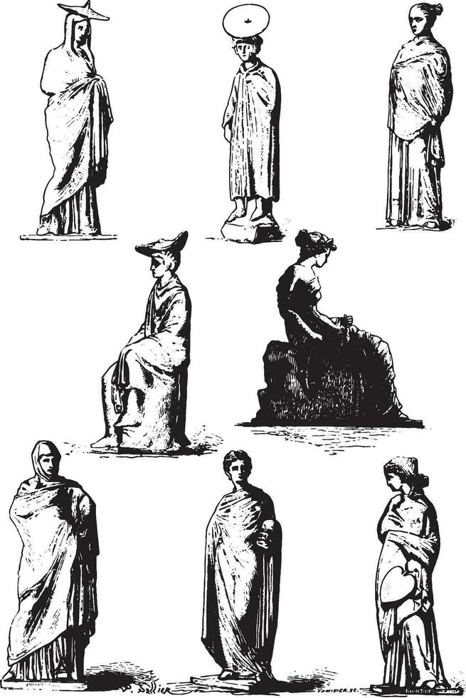 Louvre Museum, Greek terracotta statues, vintage engraving. vector