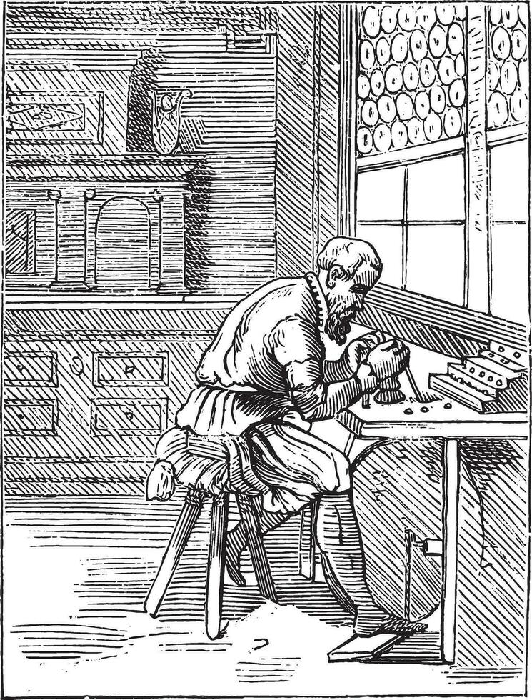 A lapidary in the sixteenth century, vintage engraving. vector