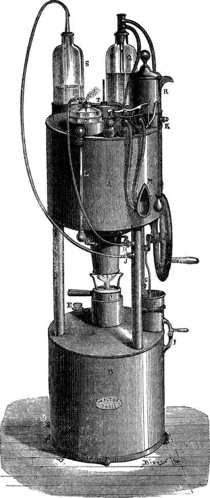 Aerotherapy portable device that can be used to breathe compressed air alone, or compressed air mixed with oxygen at will, vintage engraving. vector