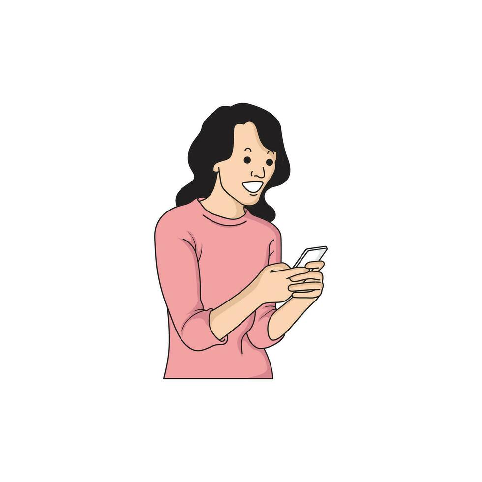 a woman is typing on her cellphone vector