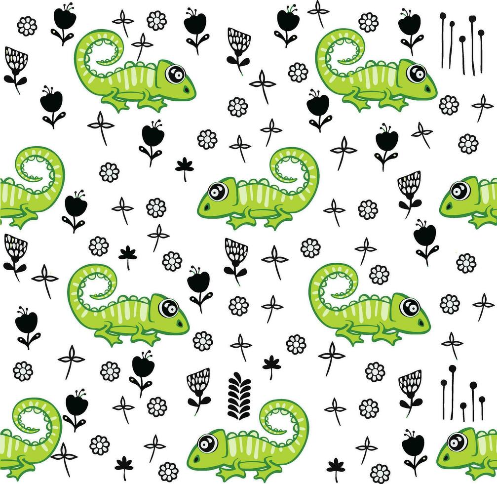 Funny green iguana Seamless pattern with cute animal. Can be used for fabrics, wallpapers. Vector