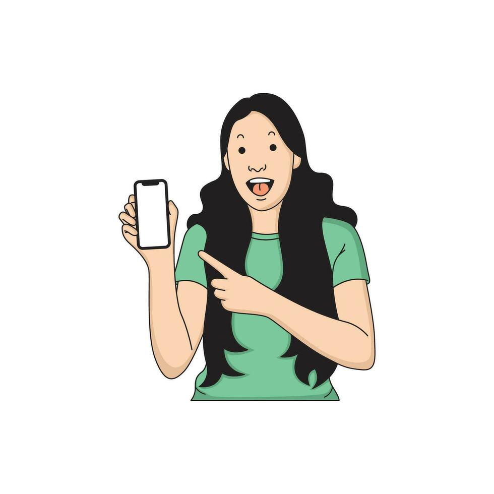 a woman with long hair was showing something on her cellphone while laughing vector