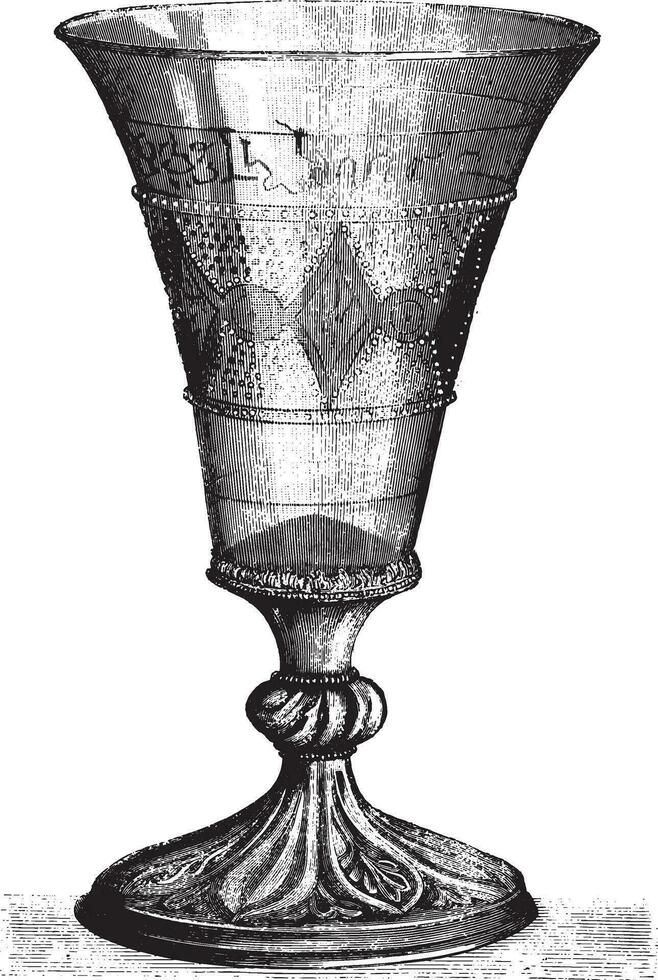 Archaeological Museum of Douai, Old glass chalice, says glass of Eight Priests, vintage engraving. vector