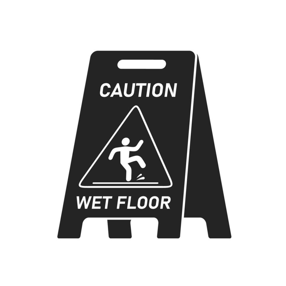 Black wet floor caution sign isolated on white background, Public warning symbol clipart. Slippery surface beware plastic board design element. Falling human pictogram. Vector illustartion.