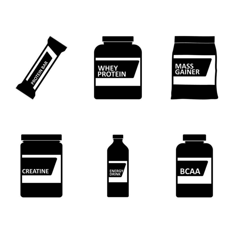 Sports nutrition icons containers packages, fitness protein power. Set of bodybuilding sport food. Jars and bottles with supplements for muscle growth. Gym icons, healthy lifestyle concept. Vector. vector