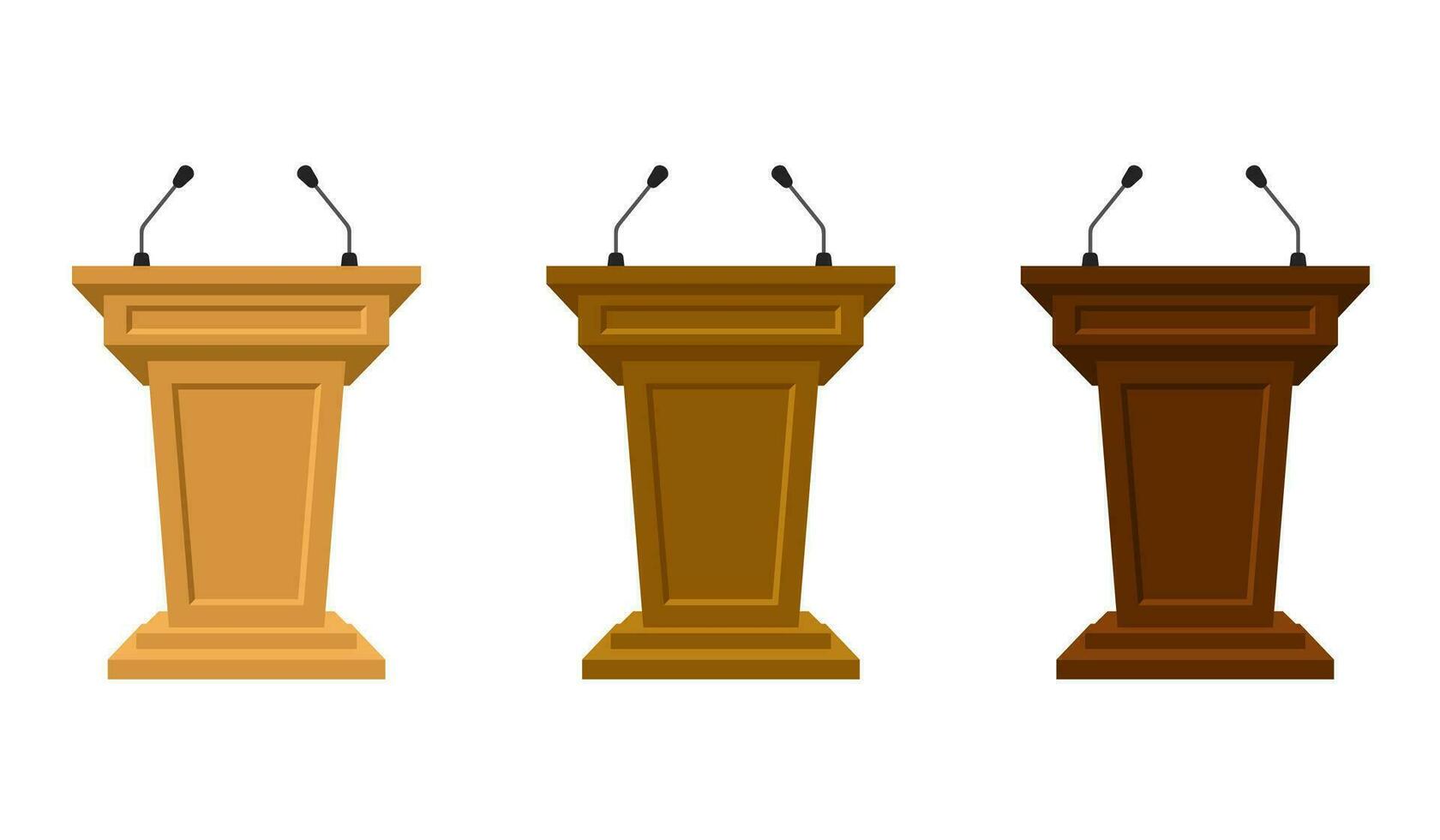 Wooden set of three colored tribunes stand rostrum with microphones. Podium or pedestal stand for speech or public pulpit for orator. Tribute for press conference or media, politics communication. vector