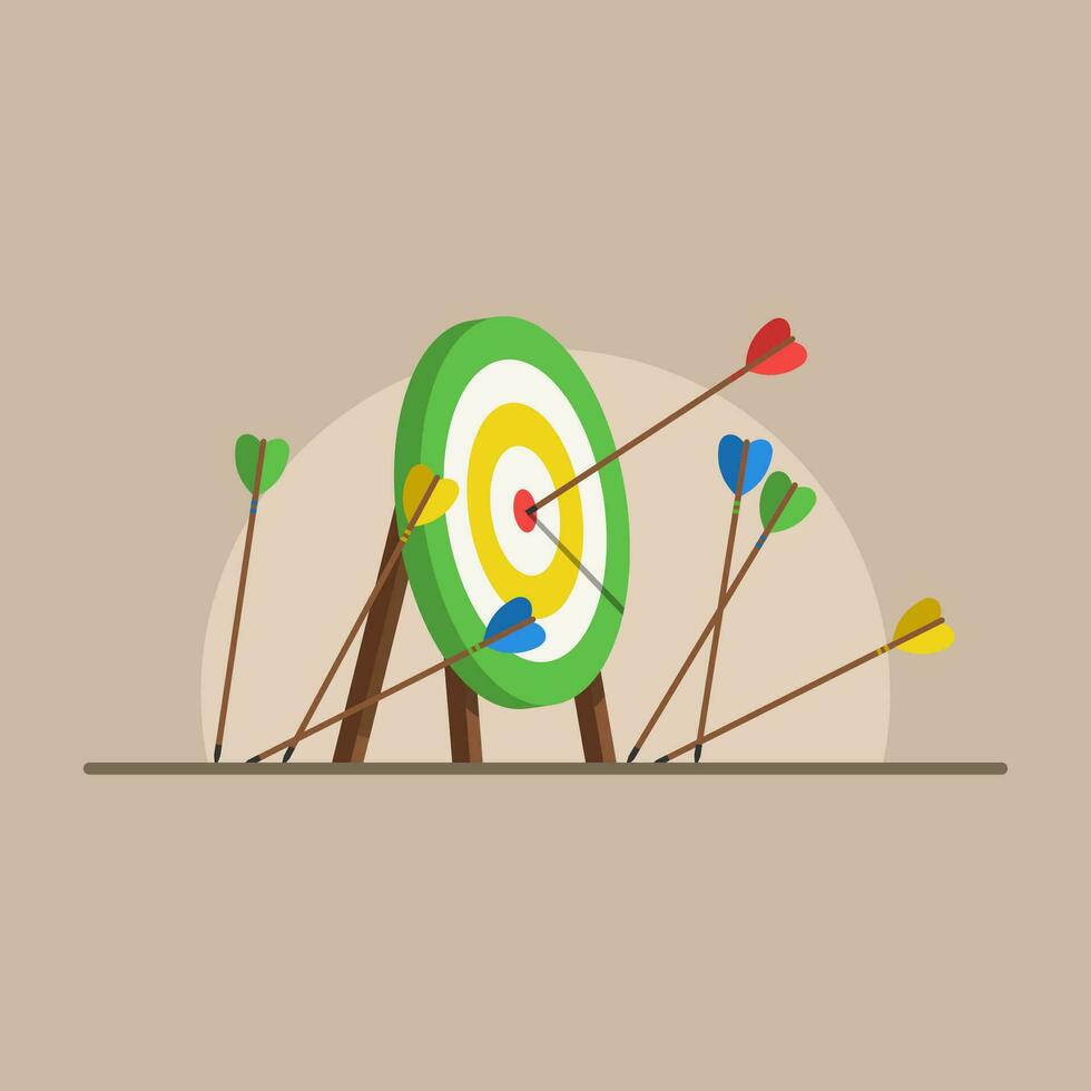 Lots arrows missed hitting target mark and only one hits the center. Failed inaccurate attempts to hit archery target. Vector illustration.