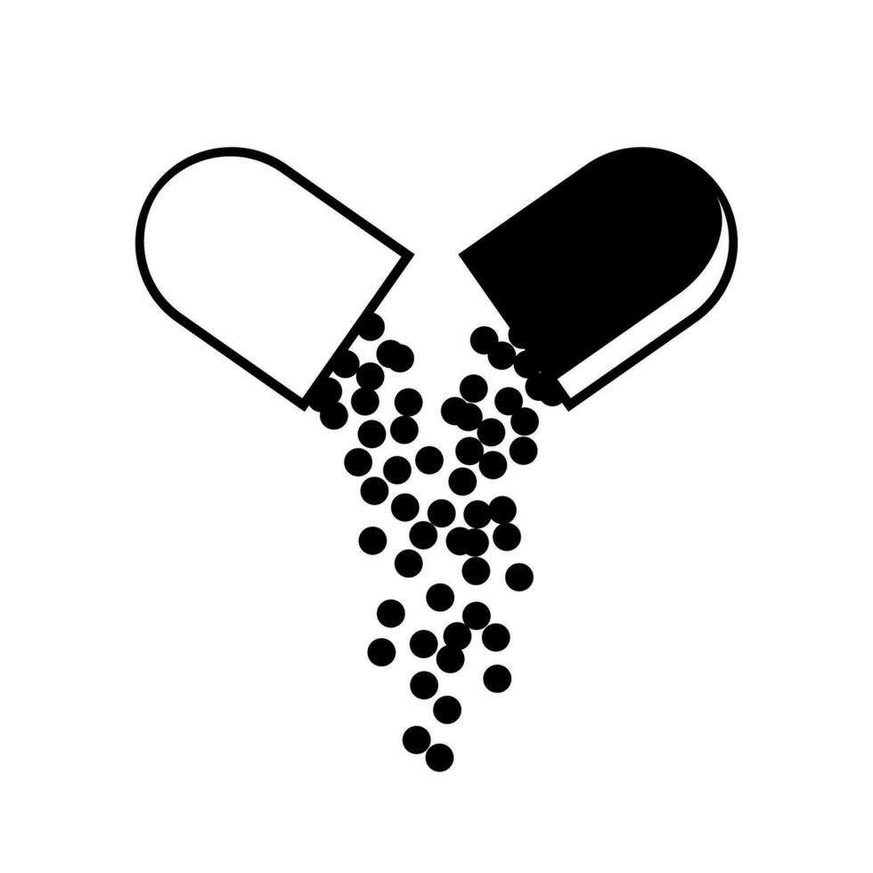 abierto médico cápsula icono con que cae pequeño pelotas de fármaco médico. farmacia y drogas simbolos íconos de píldora. médico vector ilustración aislado en un blanco antecedentes.