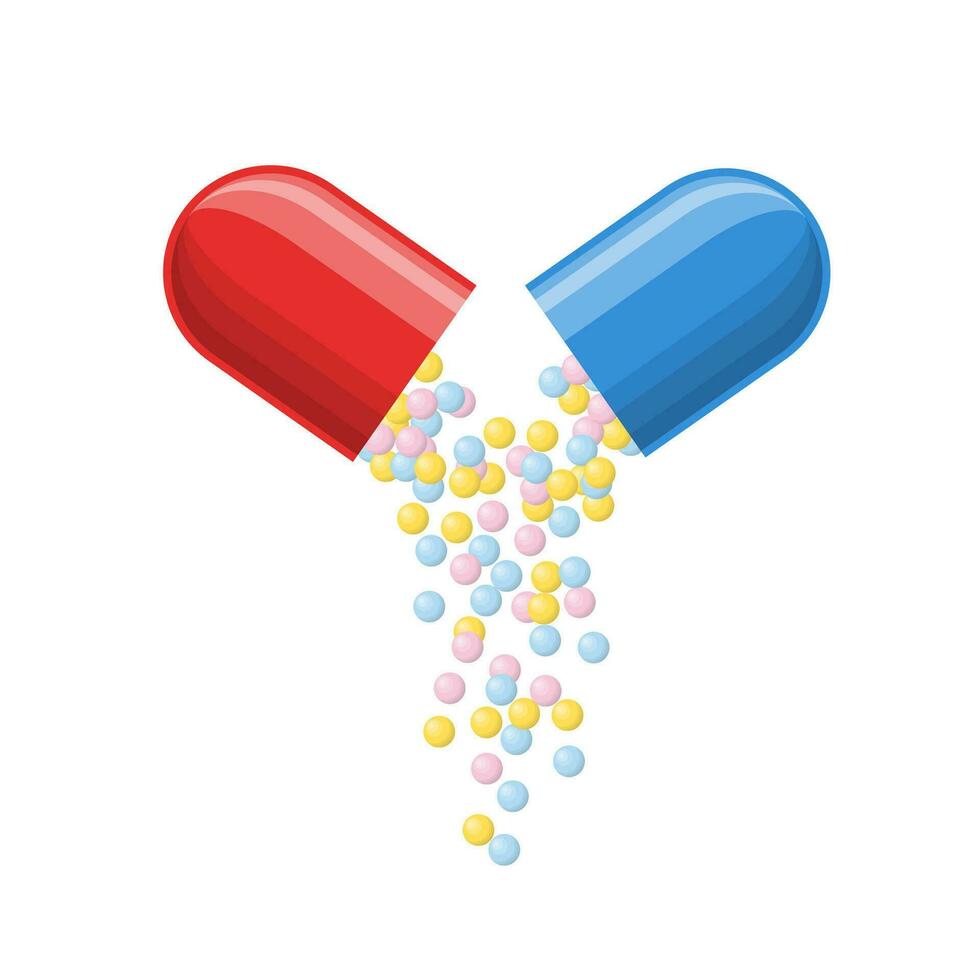 abierto médico cápsula con que cae pequeño pelotas de fármaco médico. farmacia y drogas simbolos íconos de píldora. médico vector ilustración aislado en un blanco antecedentes