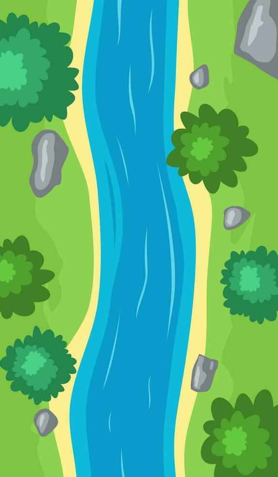 fluido río parte superior vista, dibujos animados curva cauce con azul agua, línea costera con piedras, arboles y verde césped. ilustración de verano escena con arroyo fluir con arena costa. vector ilustración.