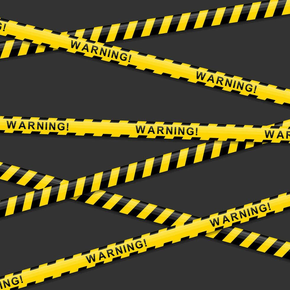 Yellow and black warning tapes with text warning isolated on white background. Police insulation line, signs of danger, do not cross, caution. Barricade construction tape. Vector illustration.