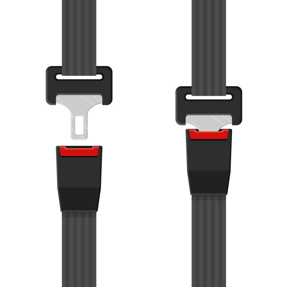 Unblocked and blocked driver and passengers seat belt with fastener and black strap on white background. Safety belt for protection. Safety equipment for car and plane. Lifesaver vector illustration.