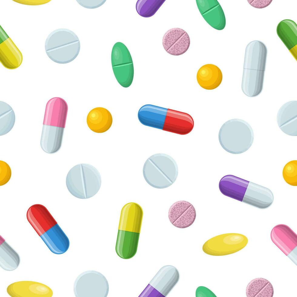 médico sin costura modelo con color pastillas, tabletas y cápsulas farmacología con productos farmacéuticos medicina antecedentes ilustración de medicamento drogas para diseño. vector