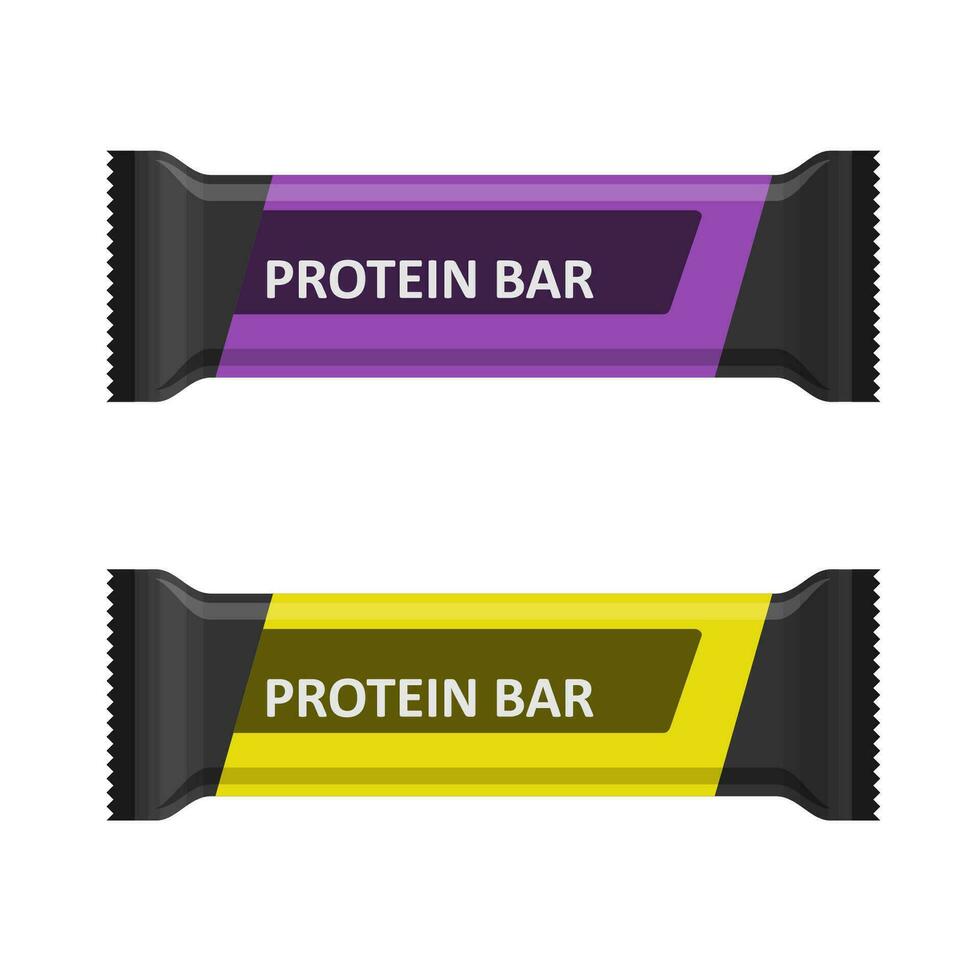 Protein bars isolated on white background, sports nutrition. Energy or nutritional bar wrapped in a flat style. Sport and fitness supplements. Protein snack food, Healthy lifestyle concept. Vector. vector