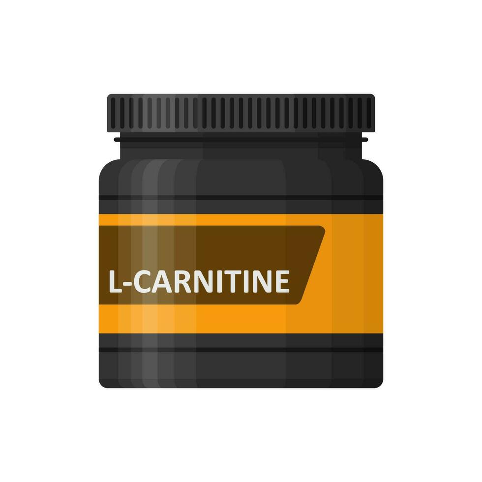 L-carnitine bottle isolated on white background. Sports nutrition icon container package, fitness supplements. Bodybuilding sport food. Jar with supplements for muscle growth. Gym vector illustartion.