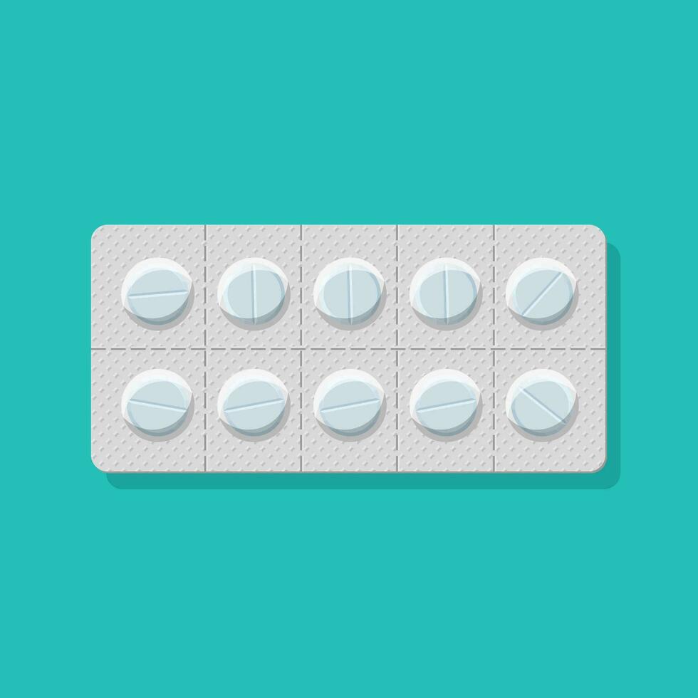 Pack of pills for the treatment of illness and pain. Blister icon with pills. A package of medicines for pills vitamin, antibiotic, aspirin. Pharmacy and drugs symbols. Vector illustration.