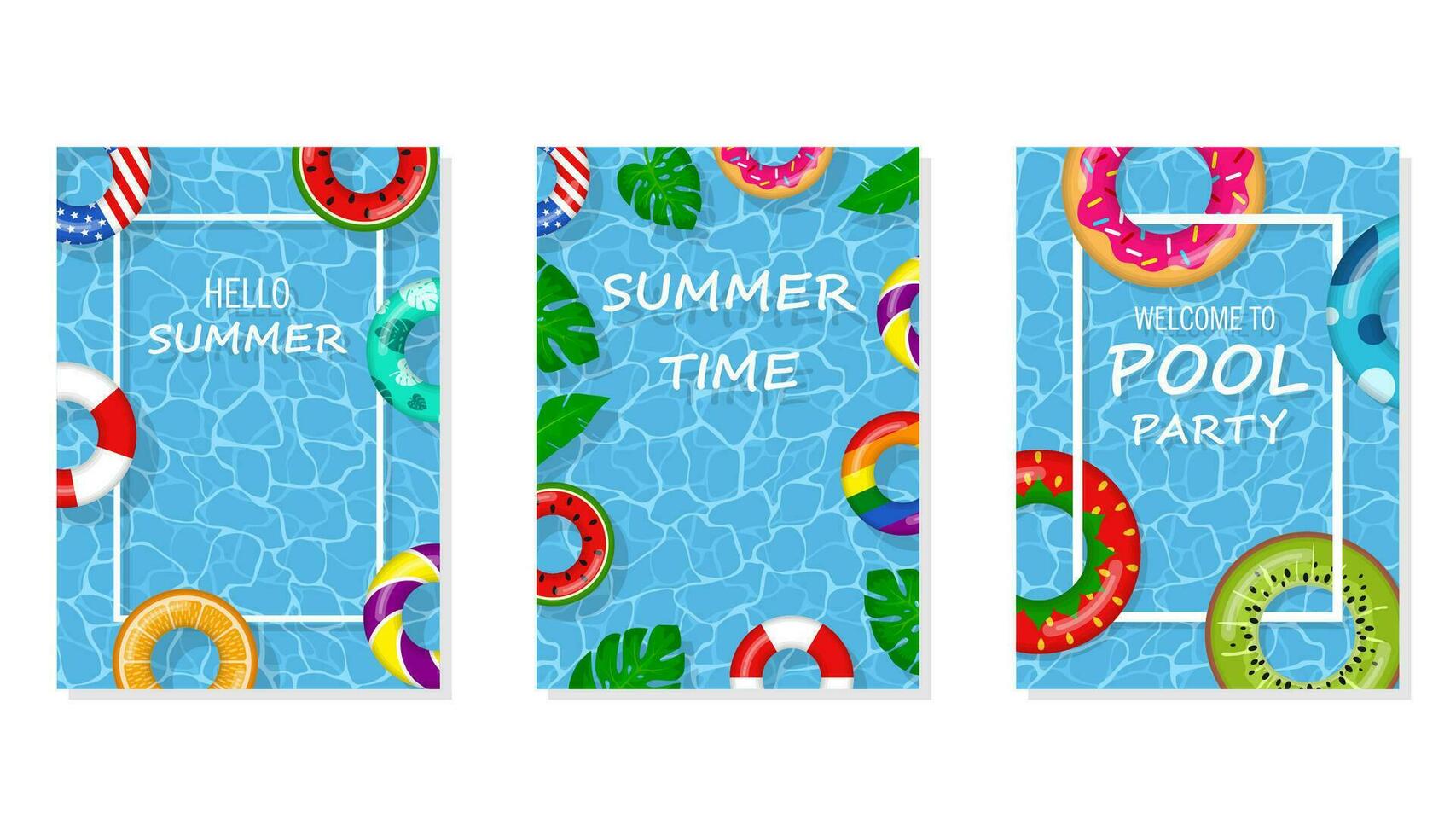 Vector bright and fun advertising poster template for pool party. Welcome to pool party flyer with swimming pool, floating rings and tropical leaves. Pool summer party, poster or banner illustration.