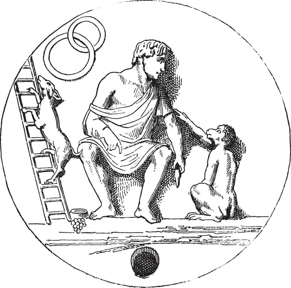 Monkey and dog trained by a juggler, vintage engraving. vector