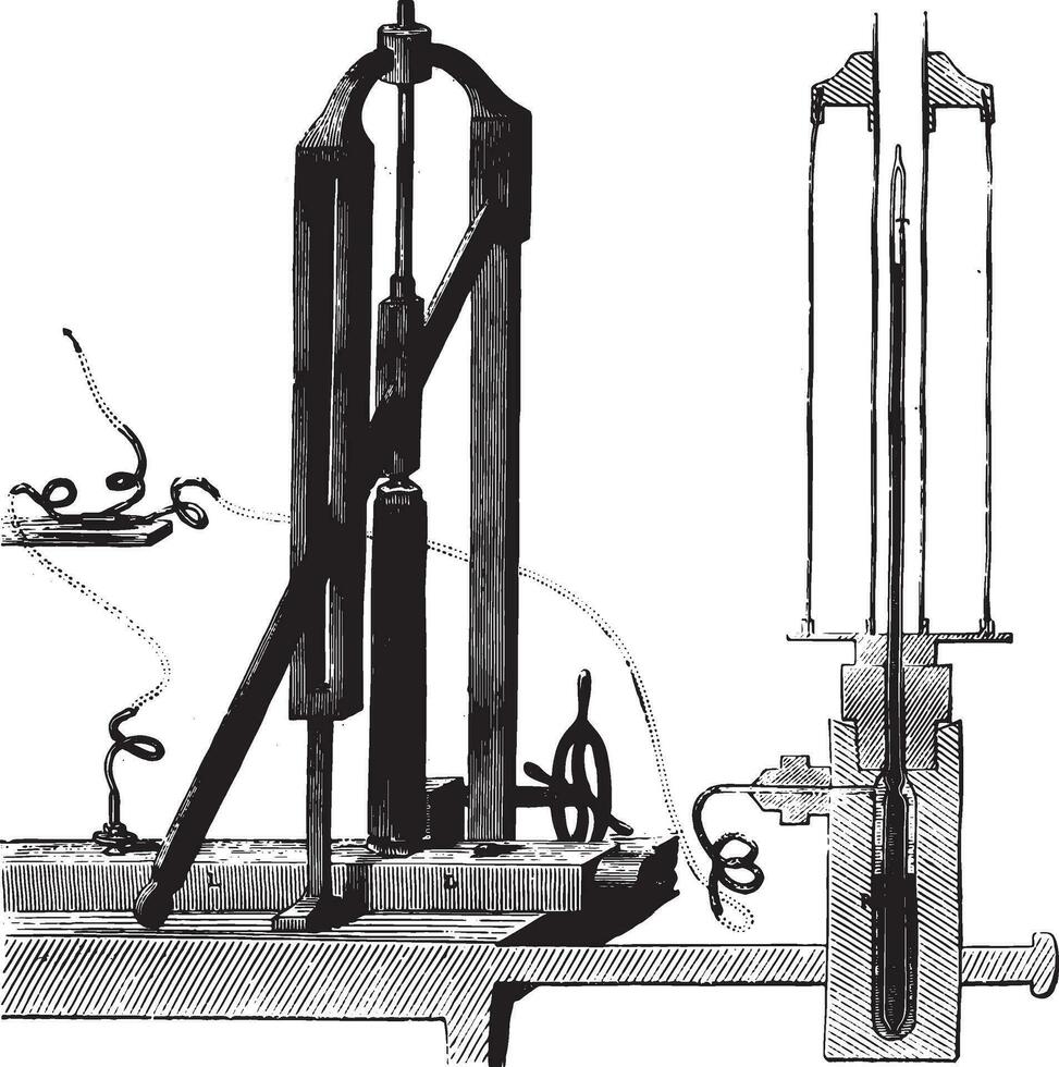 Cailletet apparatus for the liquefaction of air, vintage engraving. vector