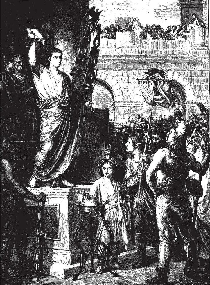 Augustus presented to the members of the three provinces of Gaul Celtic, meeting in Lyon, vintage engraving. vector