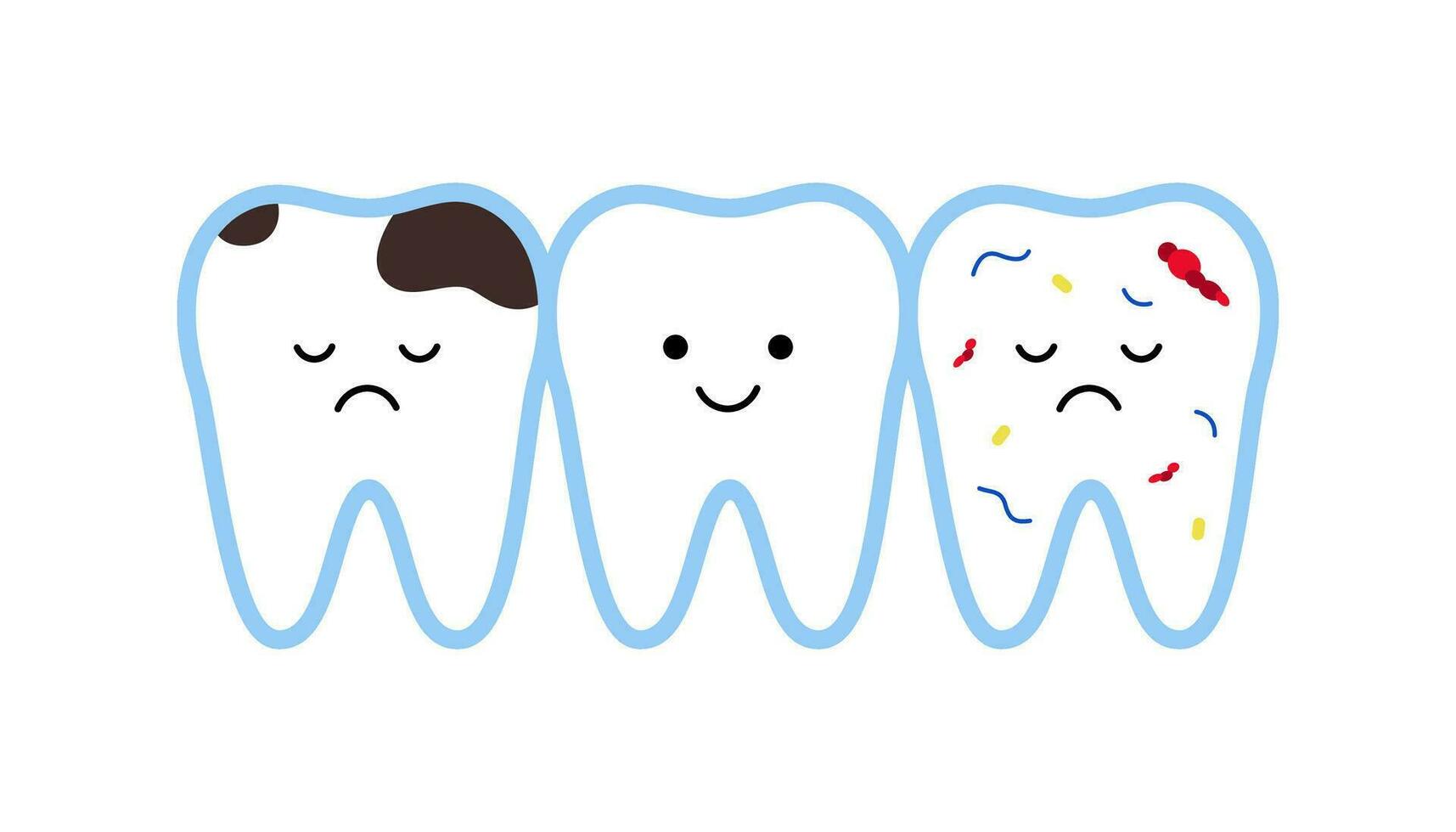 Teeth set cute characters. Healthy, pain with caries and sick bacteria teeth. Dental health and problems. Vector illustration