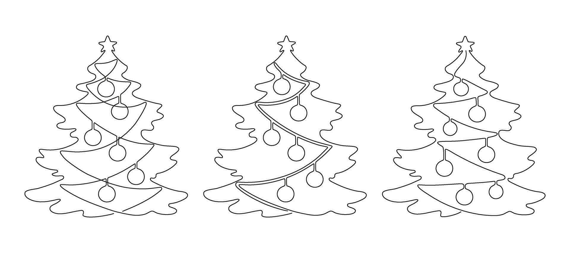 Christmas fir tree with decoration ball and garland set, continuous one line drawing. Spruce for holidays Christmas and new year in outline minimalist style. Vector illustration