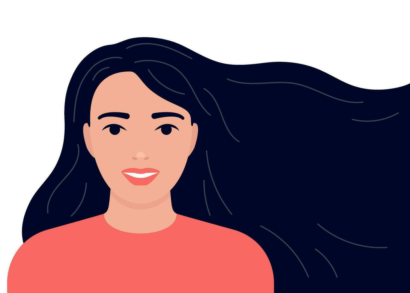 Young woman with long flowing hair. Caucasian brunette girl care for hair on head. Template for beauty salon, hair salon, shampoo or Women's Day, 8th March. Vector illustration