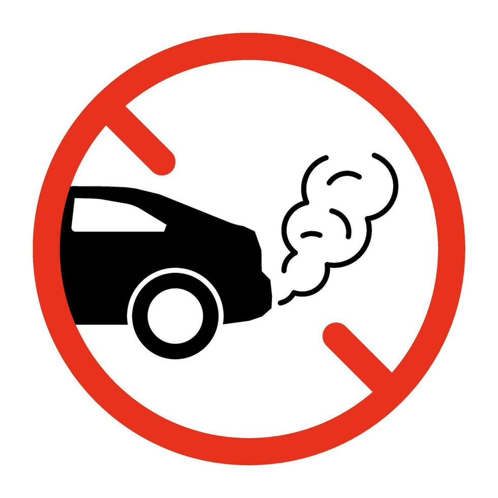 Forbidden exhaust, pollution cloud from car icon. No Exhaust gases, fumes. No idling turn engine. Stop smog from automobile. Vector symbol