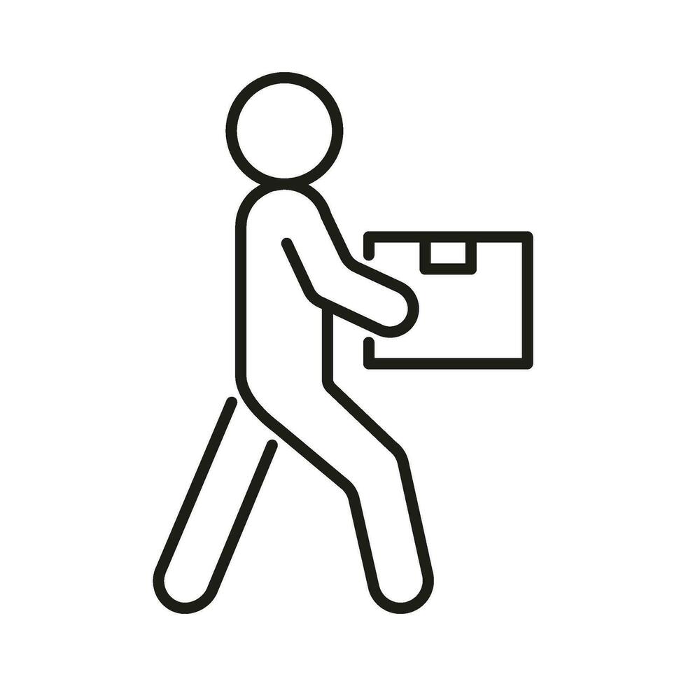 caja entrega, persona moverse carga, línea icono. mensajero con paquete, reubicación transferir peso. vector ilustración