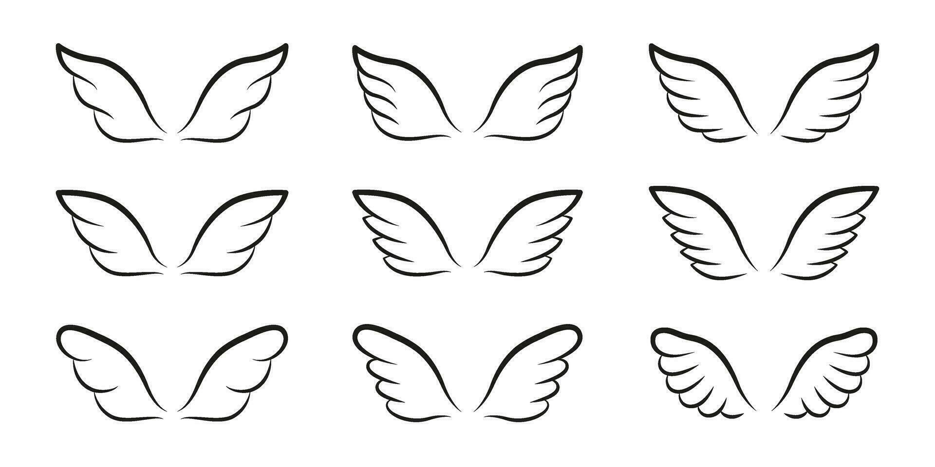 Wings line template icon set. Wings for fly bird, angel and religious symbol. Collection wings badges decorative shapes. Vector illustration