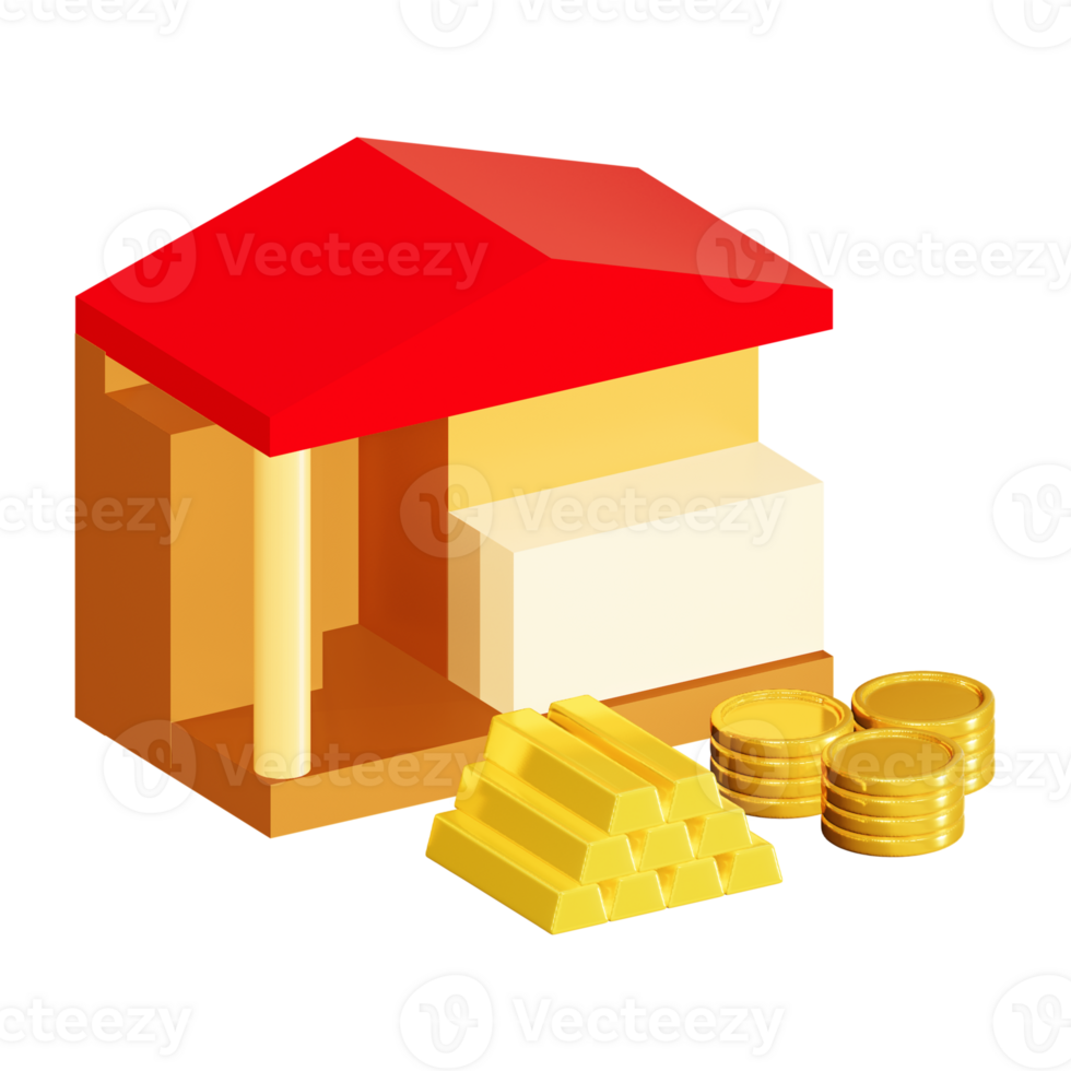 3D rendering of house with gold bar and coin stack png