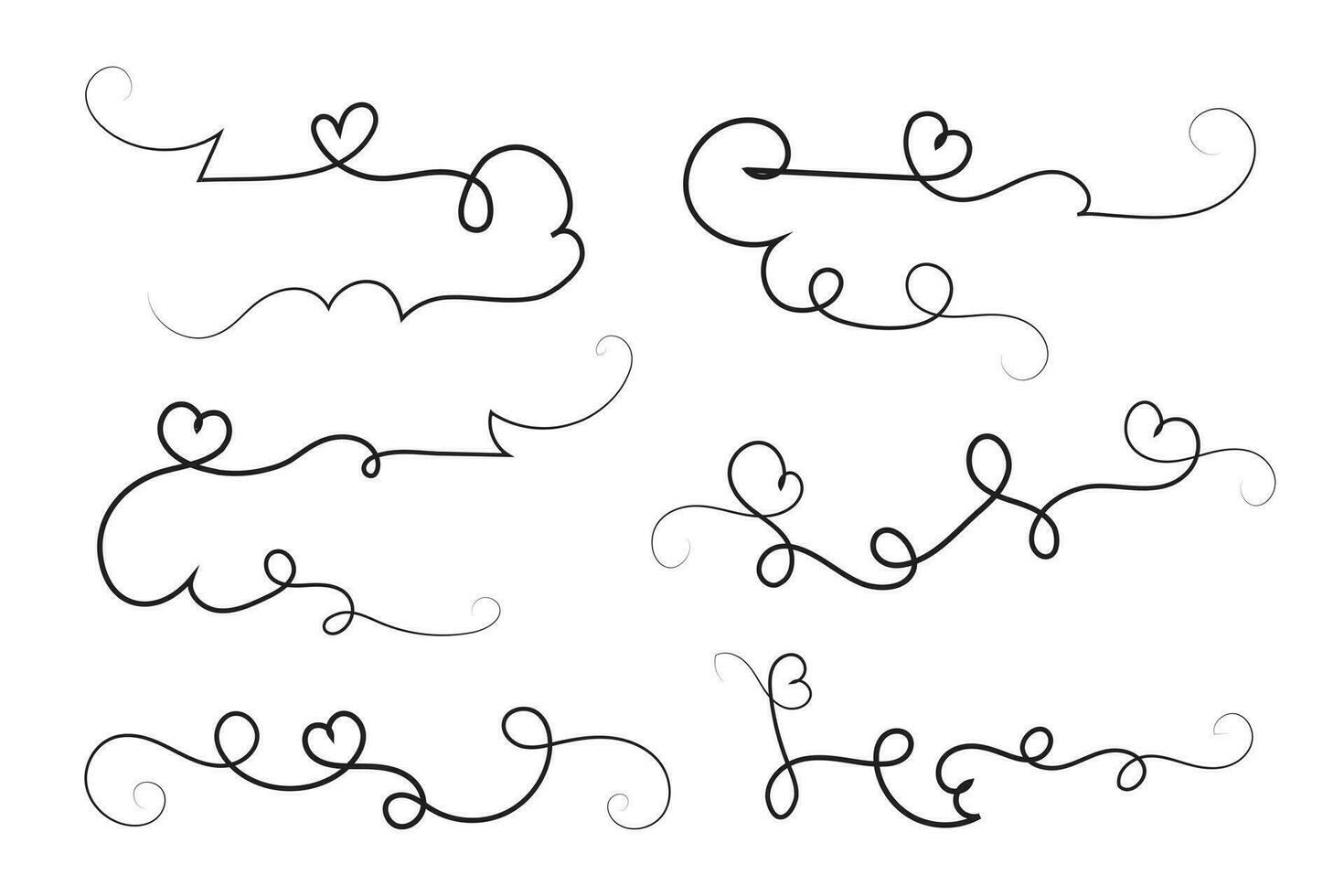 hand-drawn thin line heart swirl ornate, wavy line decorative hearts, calligraphy heart swirl Flourish ornament, outline doodle love Valentine Day design elements, continuous line swirl hearts vector