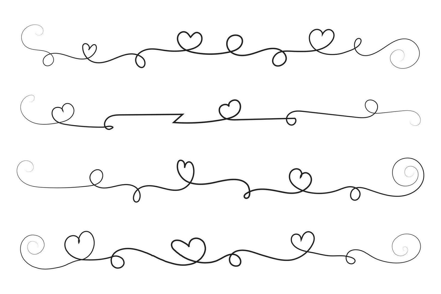 hand-drawn thin line heart swirl ornate, wavy line decorative hearts, calligraphy heart swirl Flourish ornament, outline doodle love Valentine Day design elements, continuous line swirl hearts vector