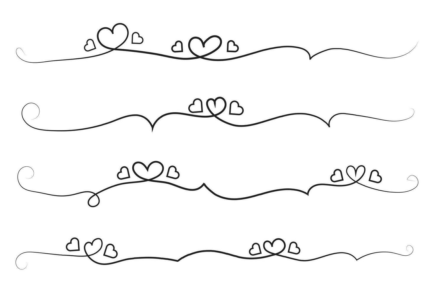 hand-drawn thin line heart swirl ornate, wavy line decorative hearts, calligraphy heart swirl Flourish ornament, outline doodle love Valentine Day design elements, continuous line swirl hearts vector