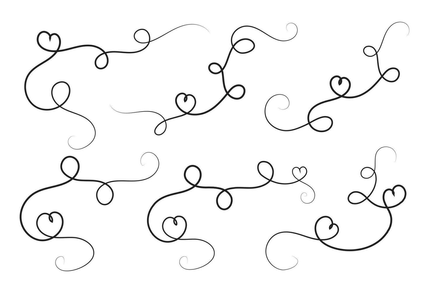 hand-drawn thin line heart swirl ornate, wavy line decorative hearts, calligraphy heart swirl Flourish ornament, outline doodle love Valentine Day design elements, continuous line swirl hearts vector