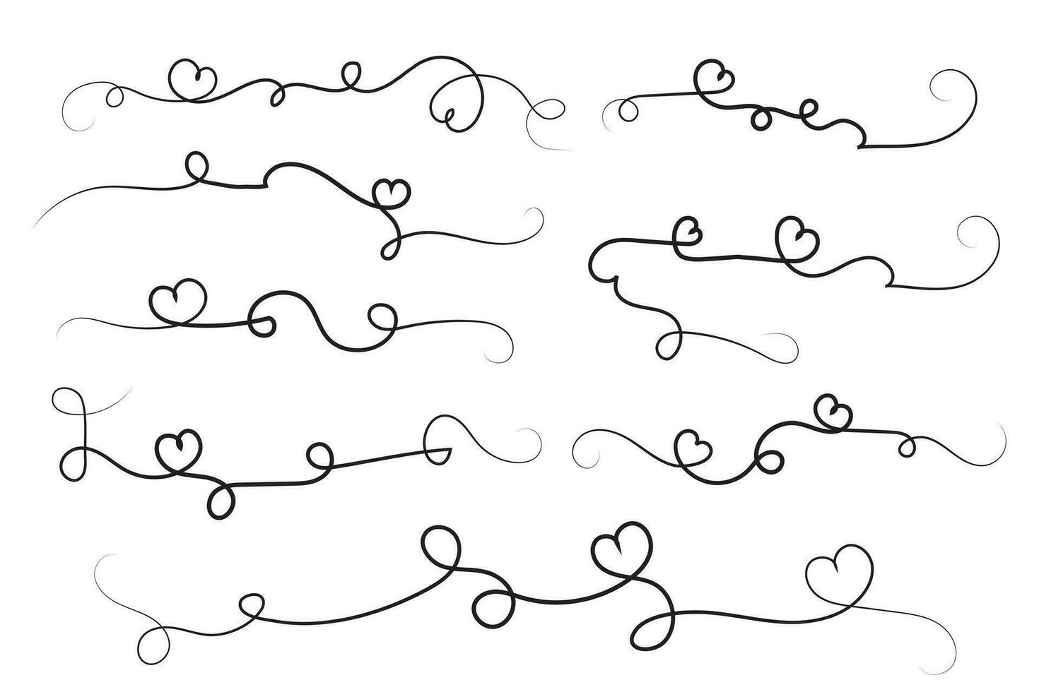 hand-drawn thin line heart swirl ornate, wavy line decorative hearts, calligraphy heart swirl Flourish ornament, outline doodle love Valentine Day design elements, continuous line swirl hearts vector