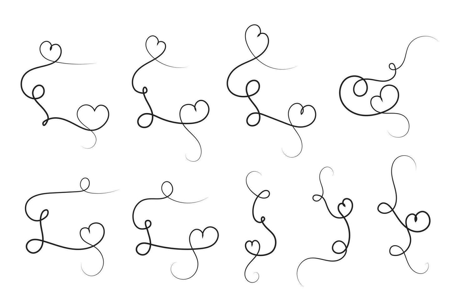 hand-drawn thin line heart swirl ornate, wavy line decorative hearts, calligraphy heart swirl Flourish ornament, outline doodle love Valentine Day design elements, continuous line swirl hearts vector