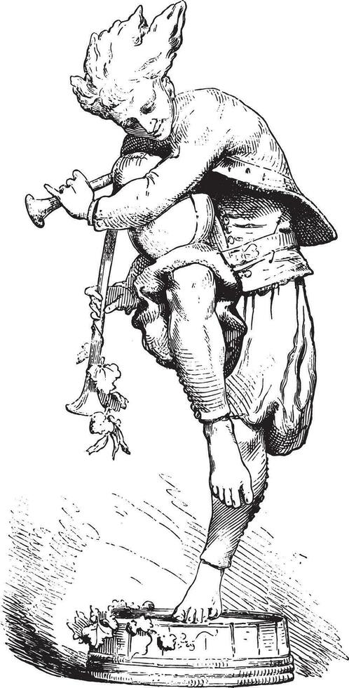 Biniou player dancing the trade, vintage engraving. vector