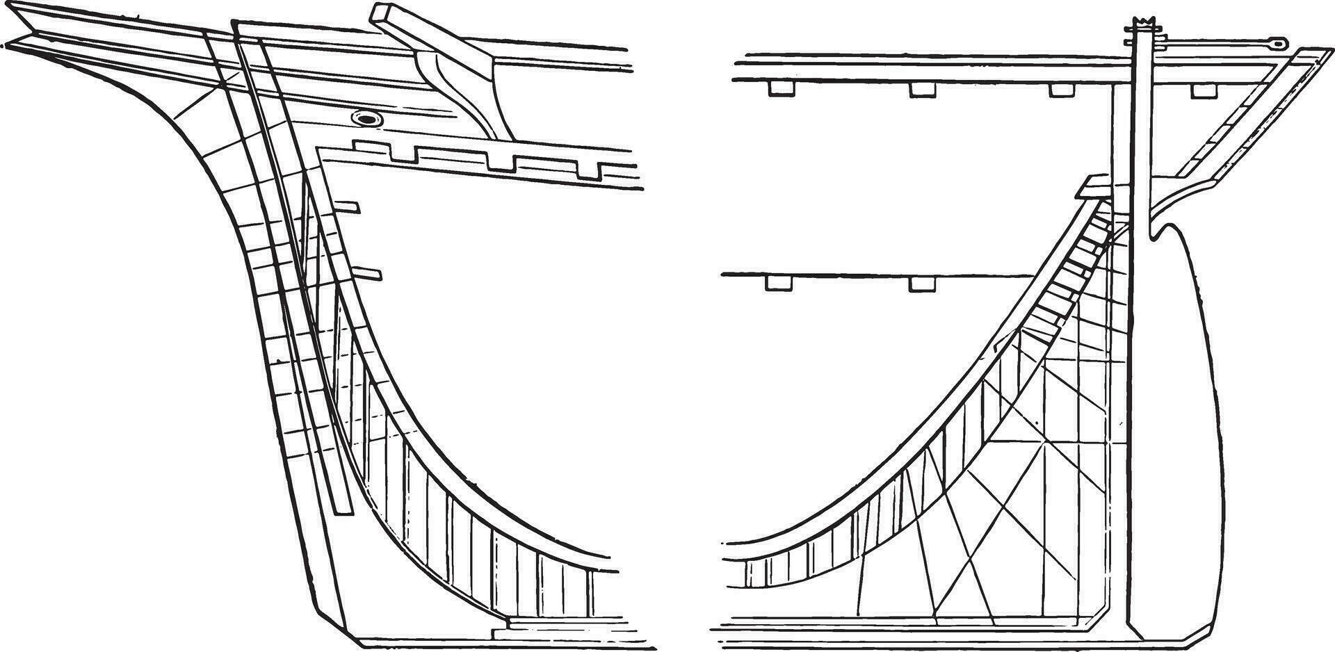 Profiles of the front and back of Paris Sea port, vintage engraving. vector