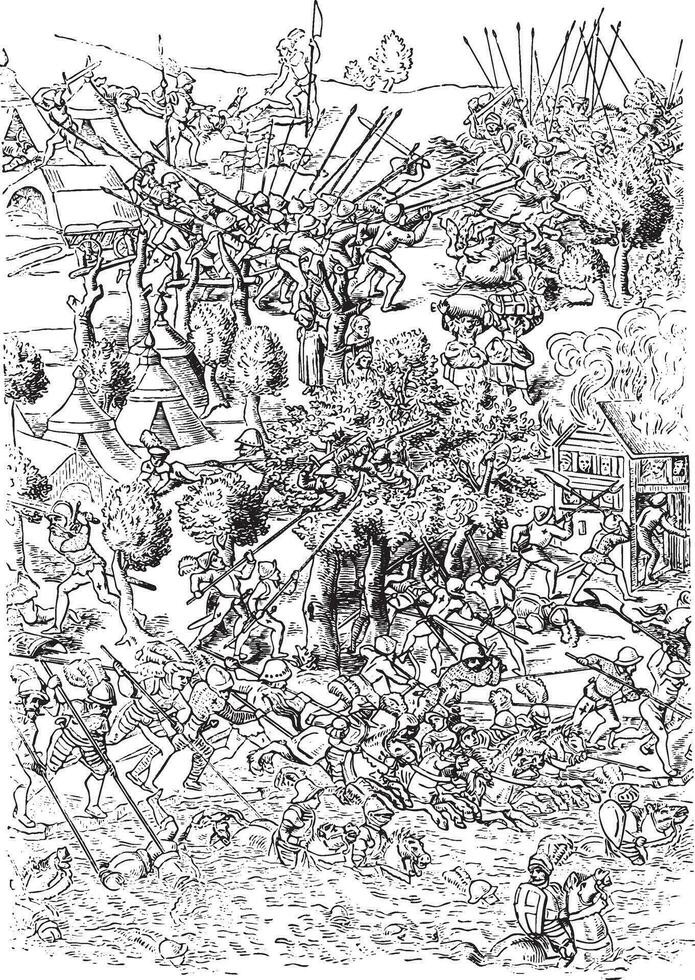 Fragment of a print depicting the 1609 Battle of Morat, prints and drawings, Hennin collection, vintage engraving. vector