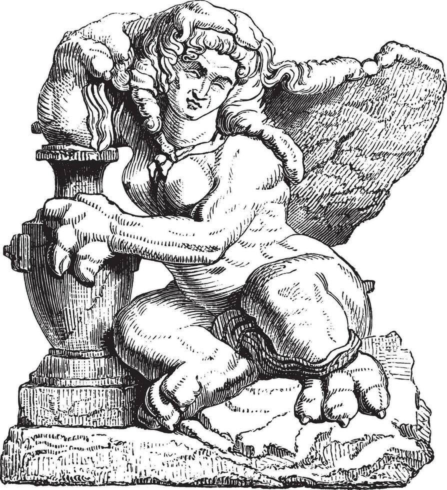 Sphinx in marble, found in the island of Delos, vintage engraving. vector