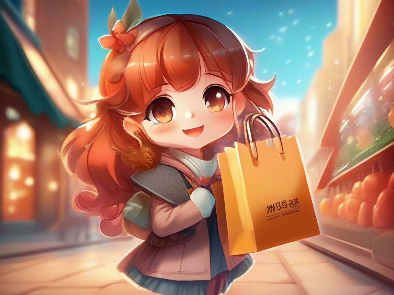 ai generado chibi personaje linda hembra personaje participación compras pantalones felizmente foto