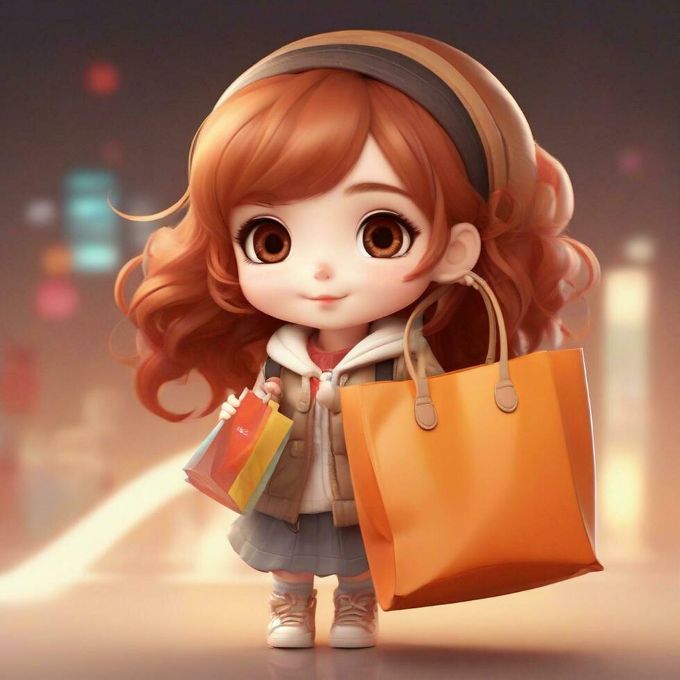AI generated chibi character cute female character holding shopping bags happily photo