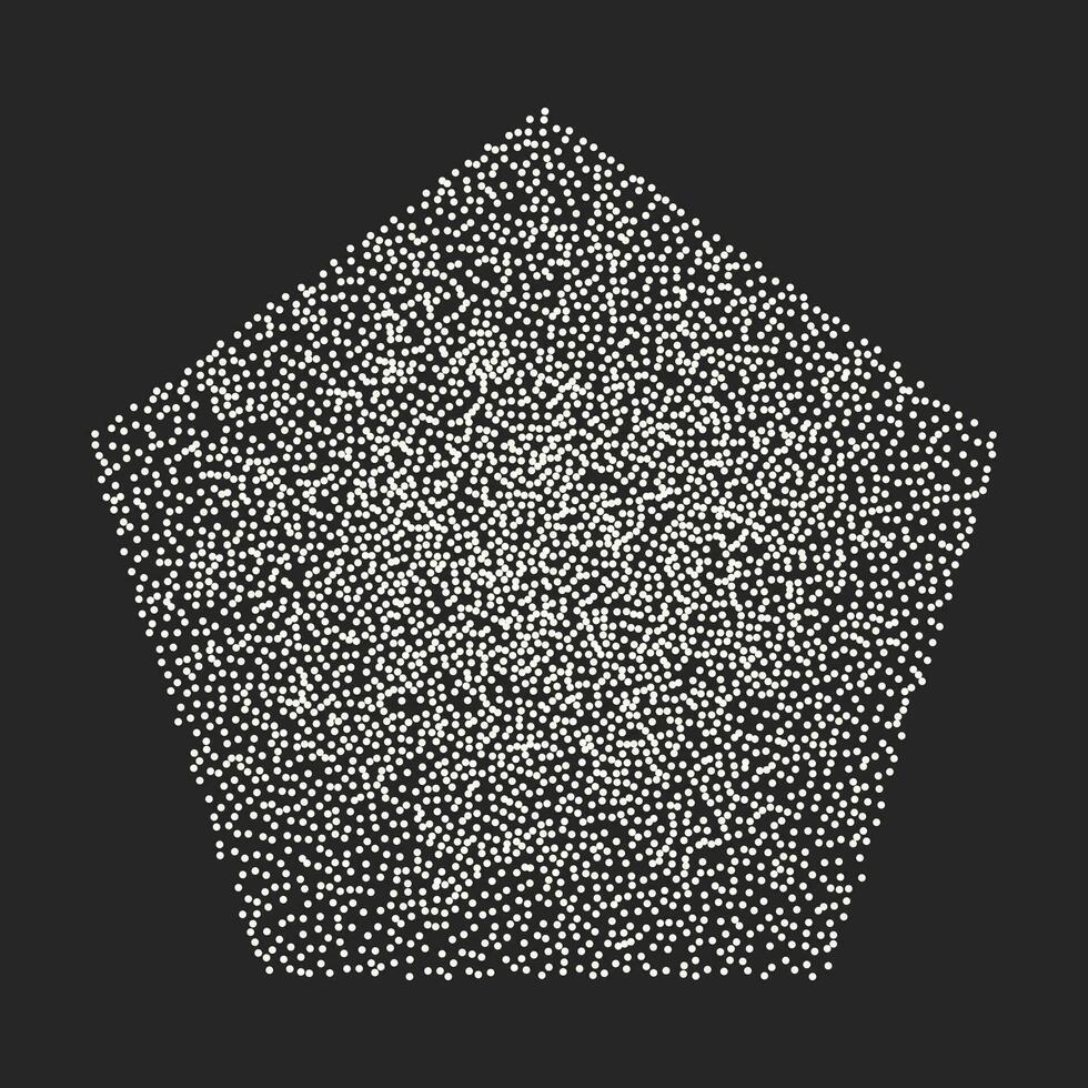 Retro style vector element, white pentagon on dark background with noisy sand grunge texture. Drawing in the style of halftone, stipplism