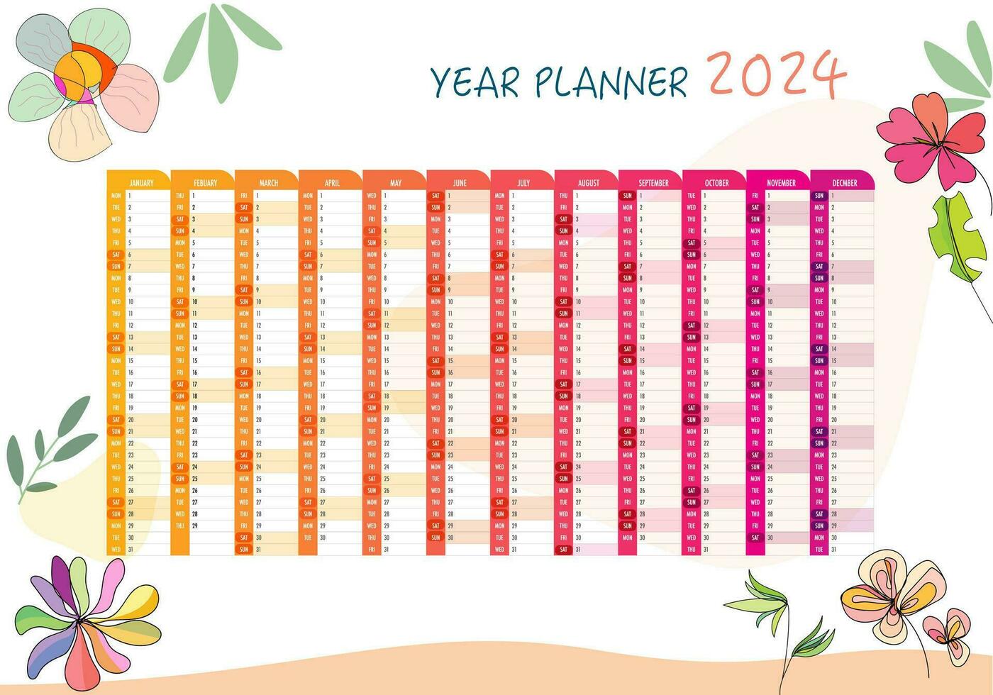 12 month year plan week and day color calendar template flower doodle style design vector