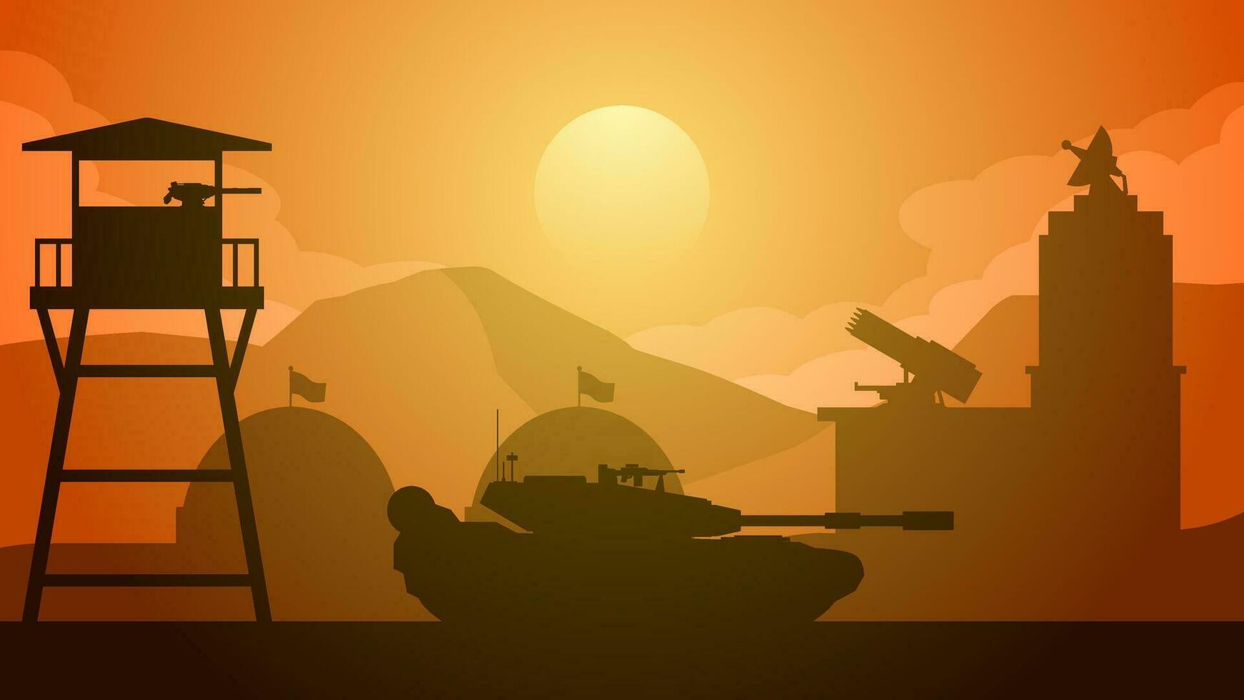 militar base paisaje vector ilustración. silueta de a militar base con tanque y torre de vigilancia. militar paisaje para fondo, fondo de pantalla o ilustración. barraca Ejército y torreta pistola